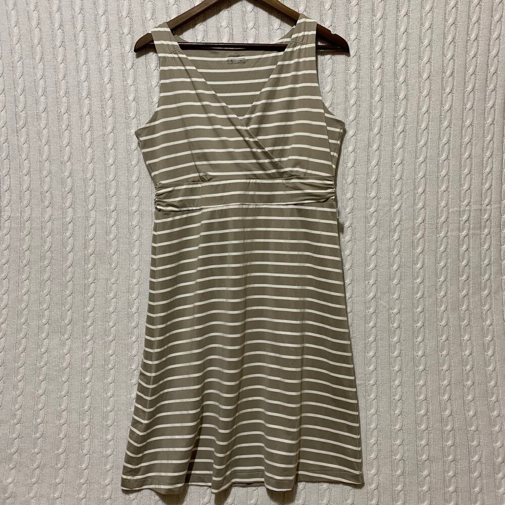 Eddie Bauer Taupe Striped Sleeveless Dress Women’s L Coastal Casual Athleisure